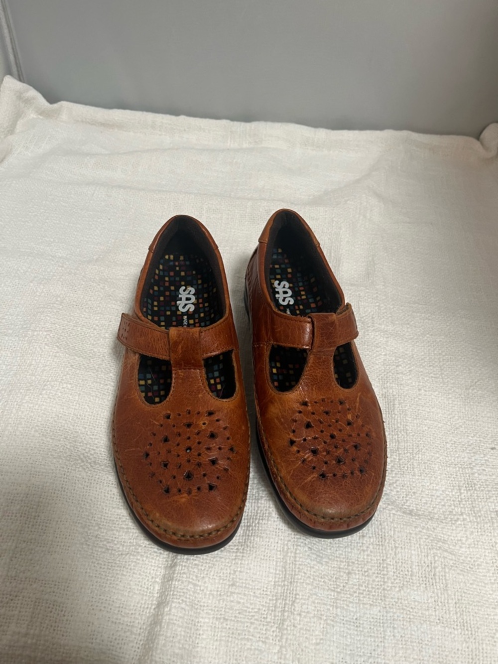 SAS Tan Leather Mary Jane Slip-On Shoes
